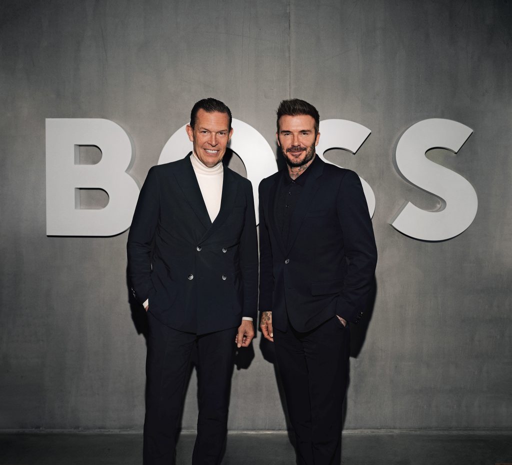 Daniel Grieder, CEO of HUGO BOSS and David Beckham.

HUGO BOSS has announced a global, multi-year design collaboration with David Beckham for its BOSS brand. This partnership will evolve the BOSS Menswear collections over many years to come.