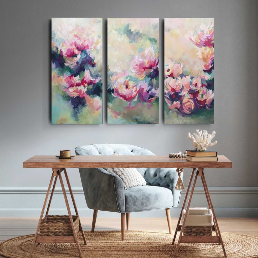 "Reverie"
Sunlight dancing through flower petals. Premium acrylic triptych. Each deep-edge, gallery-wrapped canvas measures 19.5" x 39" x 1.5".