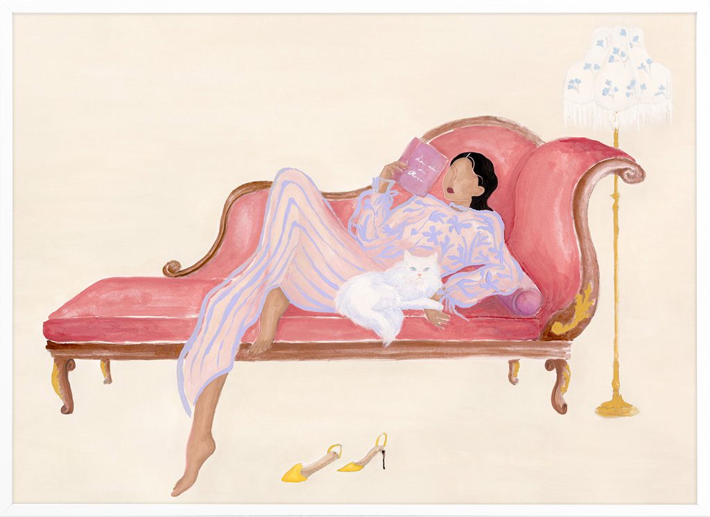 Desenio x Dani Klarić: Self-care Afternoon Poster

A print, originally hand-painted, of a woman laying on a chaise longue, reading. The print goes in hues of pink against a light peach coloured background.
