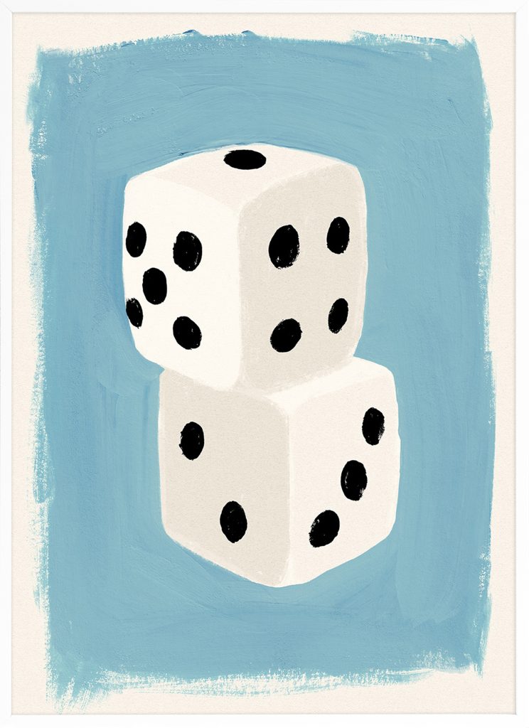 Desenio x Dani Klarić: Throw the Dice Poster
Dices in Pastel - A playful print of two dices standing on top of eachother against a light blue background. This is a exclusive print from the Desenio x Dani Klaric collection.