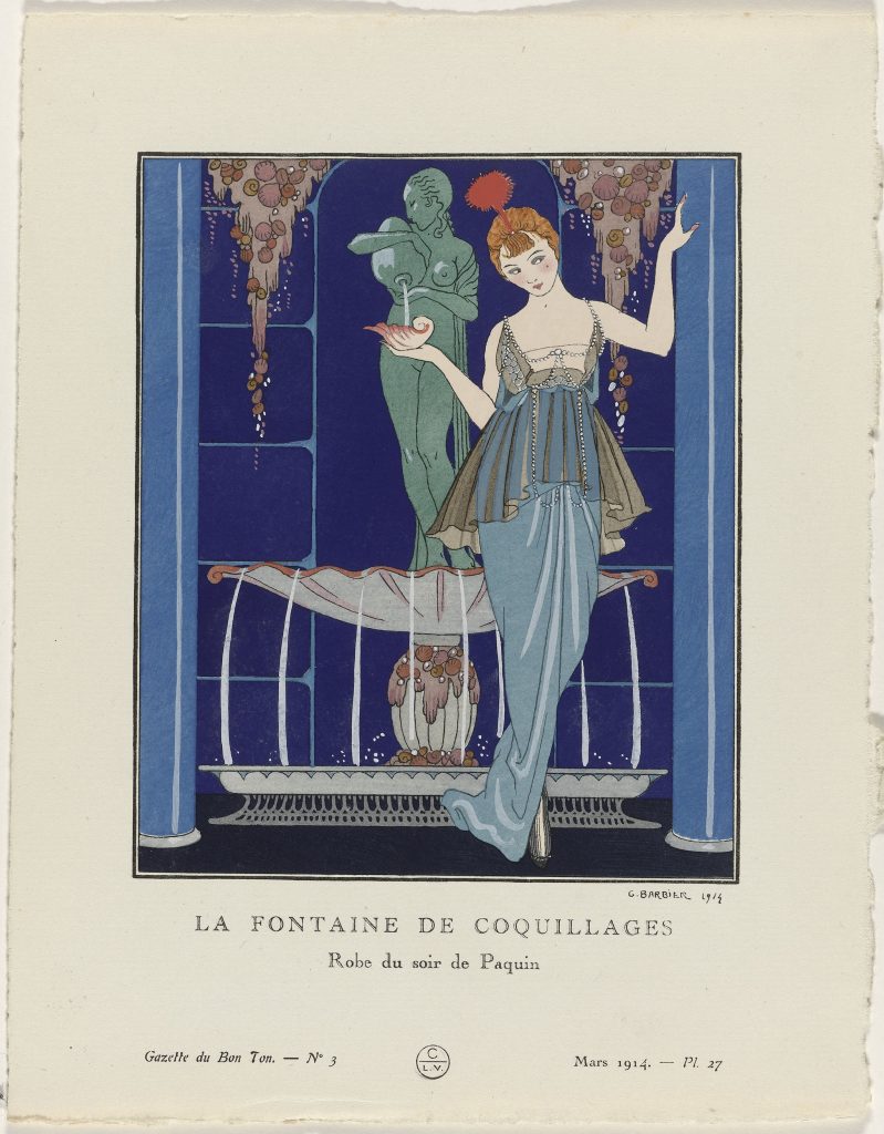 George Barbier, "The Fountain of Shells. Paquin Evening Gown," Gazette du bon ton, no. 3, plate 27, 1914.