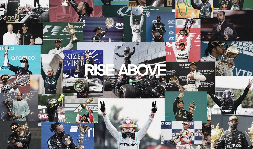 "Absolutely CRAZY satin inside liner, showcasing many images of Lewis's Victory moments. A true image, proof of how much of a champion and a conqueror he is. << RISE ABOVE >> quote, again, defining how above of the others he is." - Stan Birch. Photography by Jérémie Masuka @jeremie_masuka