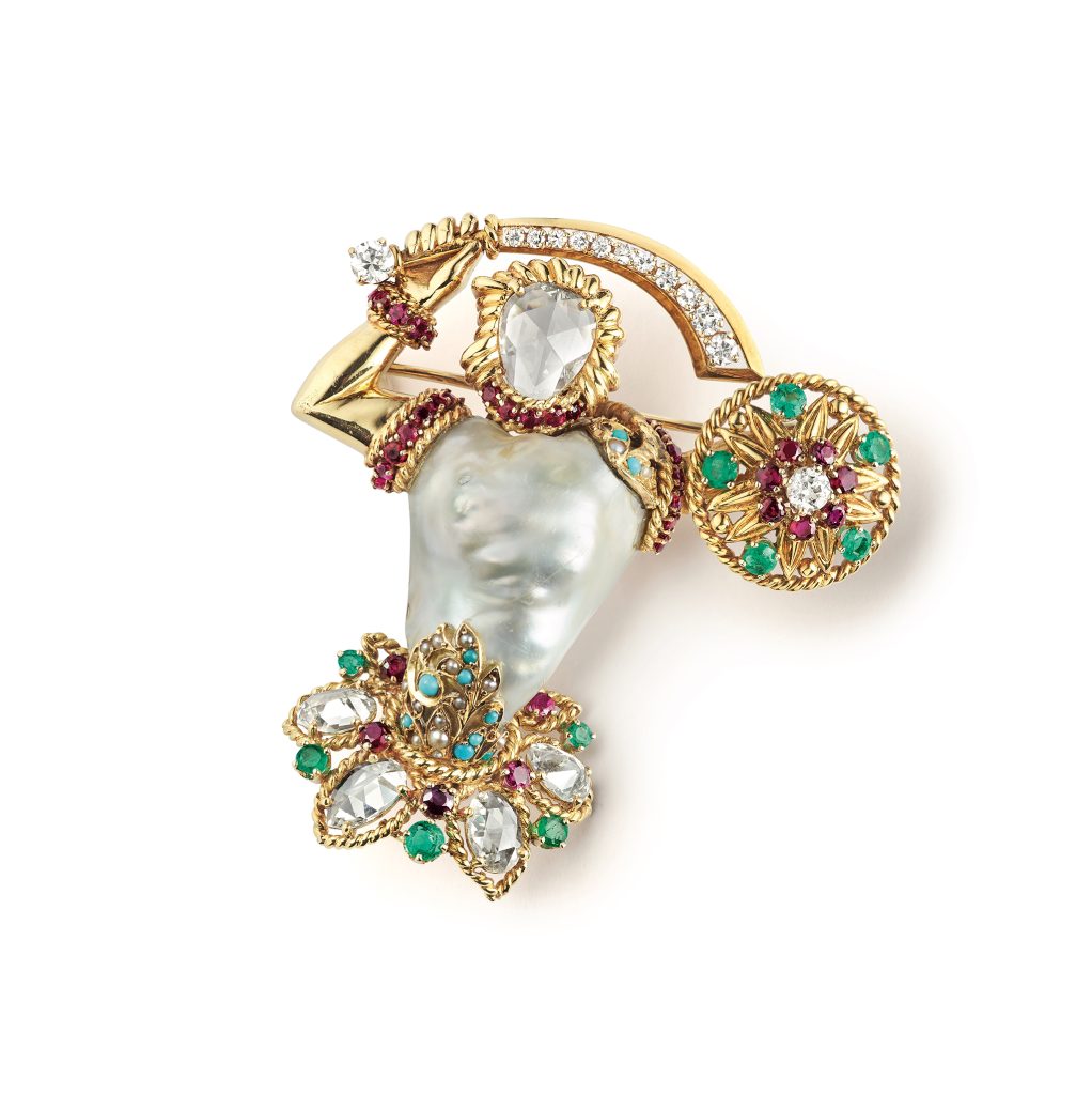 Van Cleef & Arpels, Gladiator brooch, 1956, yellow gold, emeralds, rubies, turquoise, pearls, baroque pearl, diamonds. Collection Van Cleef & Arpels.