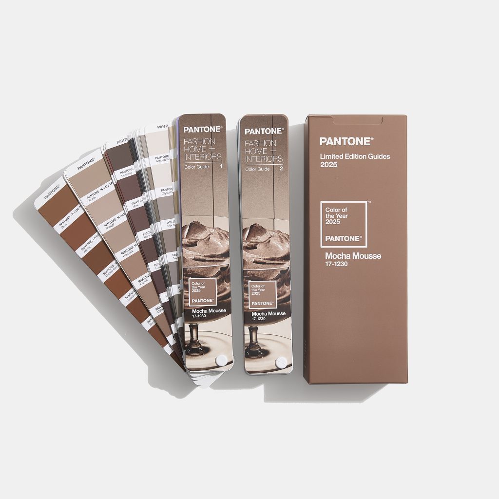 PANTONE® COY 2025: 17-1230 Mocha Mousse Limited Edition Pantone FHI Color Guides. 

Photo courtesy of PANTONE®.