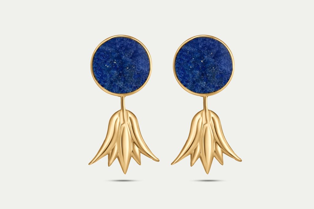 Nile Lotus Gold Earrings
Lapis Lazuli, Yellow Gold, Designed by Heidi Bastamy