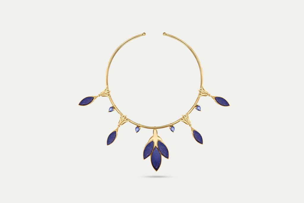 Nile Lotus Gold Necklace, Blue Sapphire and Lapis Lazuli, Yellow Gold, Designed by Heidi Bastamy