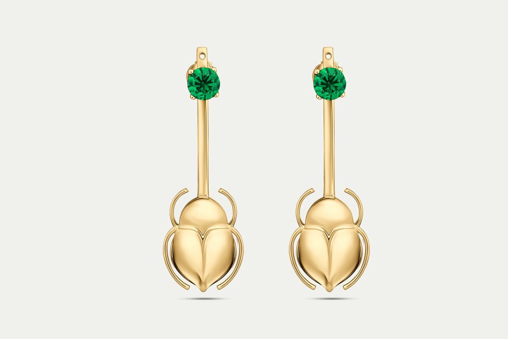 Gold Scarab Earrings, Emerald, Yellow Gold, Designed by Heidi Bastamy