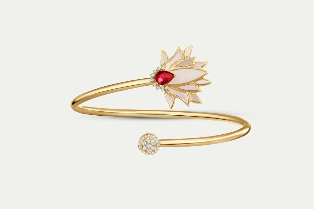 Golden Petal Bangle, Diamonds, Ruby, Yellow Gold, Designed by Heidi Bastamy