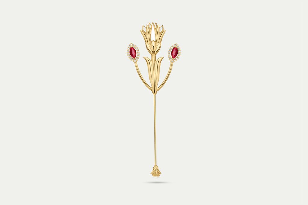 Golden Petal Pin, Diamonds, Ruby, Yellow Gold, Designed by Heidi Bastamy