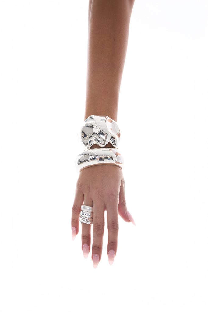 The Dea Bangle, the Xena Cuff and Ealiah Stacked Rings in Silver.