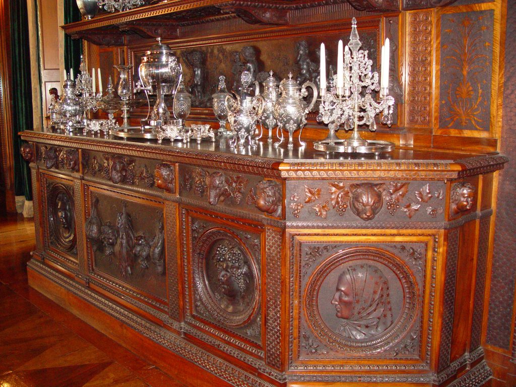 The Chateau-sur-Mer Dining Room Luigi Frullini Sideboard
The Renaissance revival sideboard, circa 1876, in the Chateau-sur-Mer Dining Room was carved by the famed Florentine artist Luigi Frullini (1839-1897). Photo courtesy of The Preservation Society of Newport County.