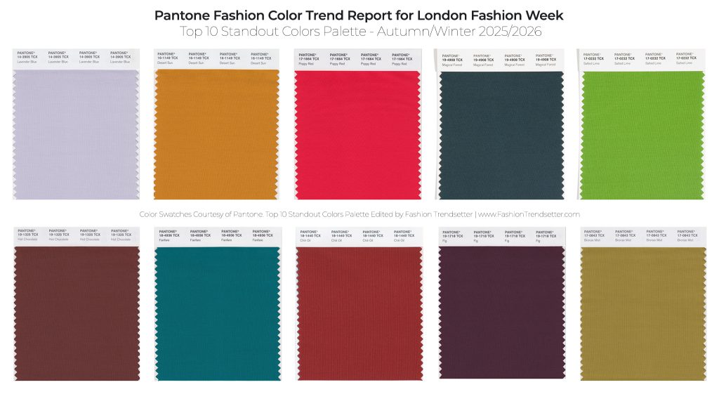 Pantone Fashion Color Trend Report
Autumn/Winter 2025/2026 Color Palette for London Fashion Week
Color Swatches Courtesy of Pantone
Top 10 Standout Colors Collage by Fashion Trendsetter