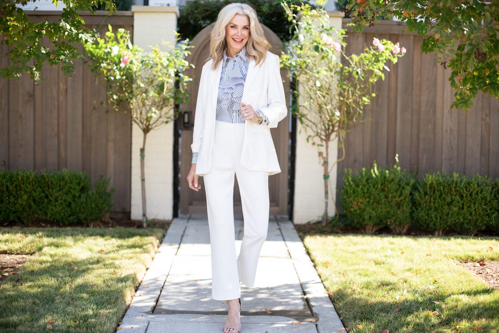 Tailored Fit Stretch Deco Crepe Single Button Blazer, Straight-Leg Ankle Pants and Crepe de Chine Waterfall Neck Sleeveless Blouse.